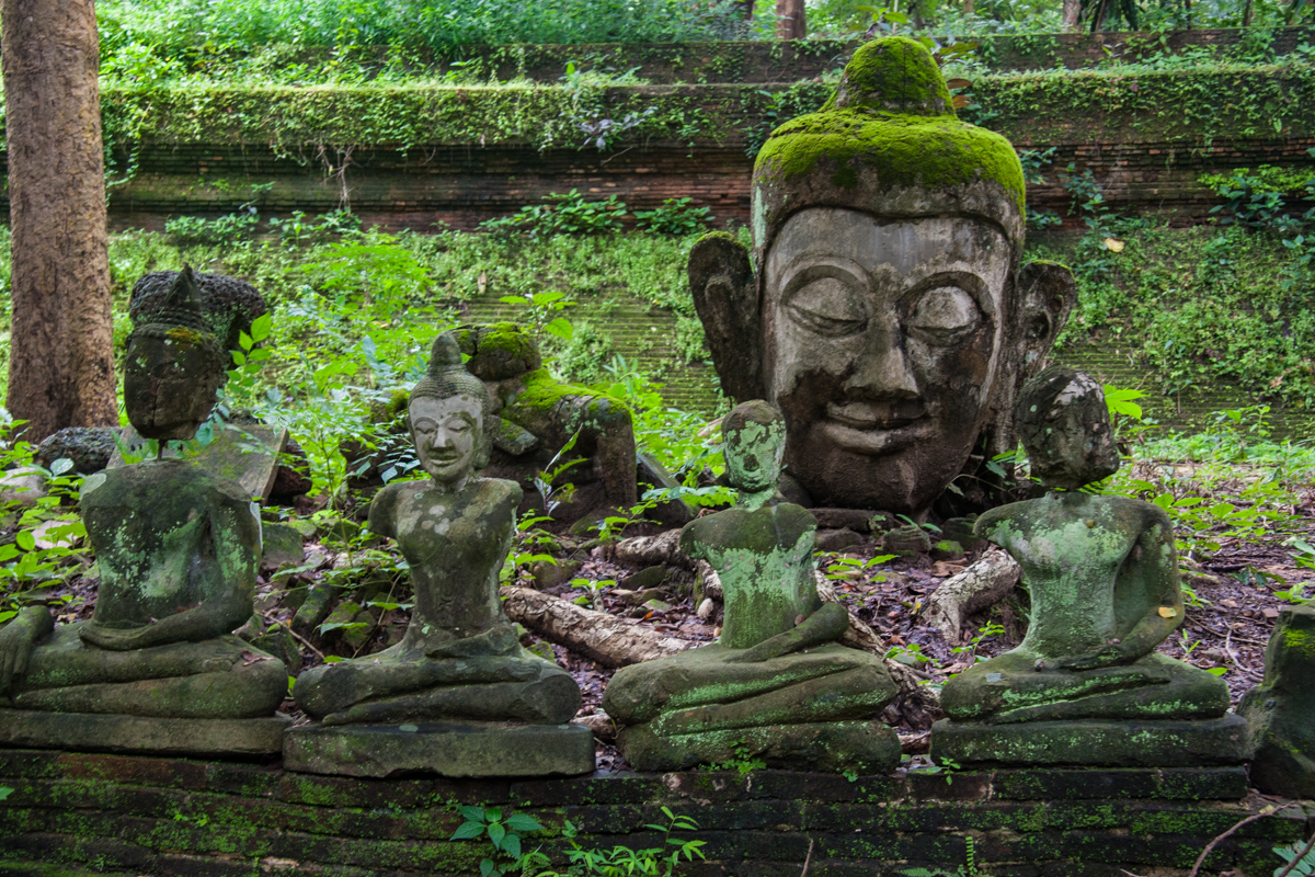 Stone Head and Seated Buddhas